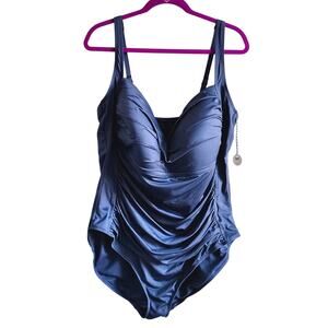 Sonnet Shores Plus Size 24W Navy Blue Ruched Flattering One Piece Swimsuit NEW